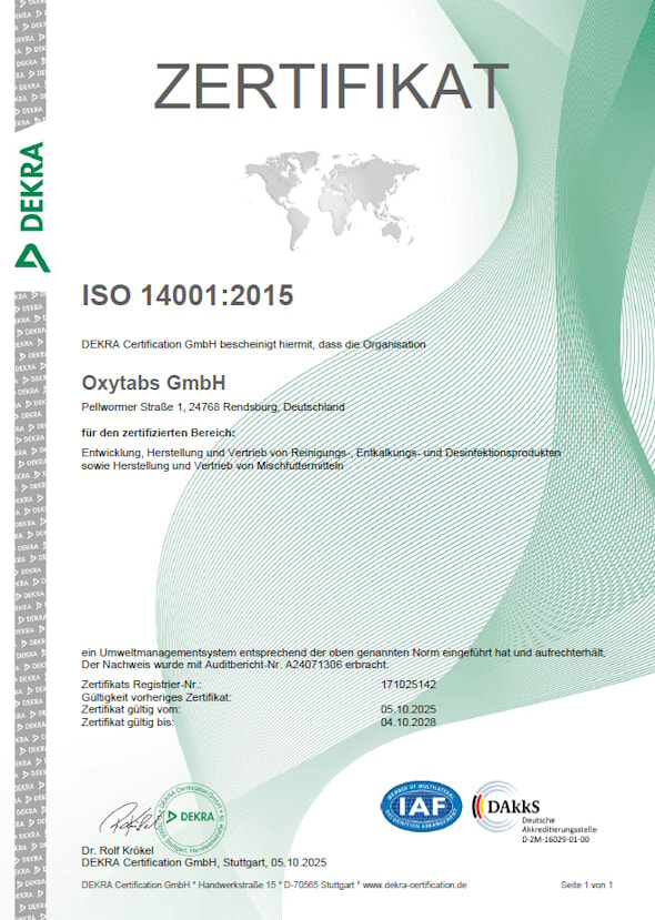 ISO 14001 Zertifikat Oxytabs 2025