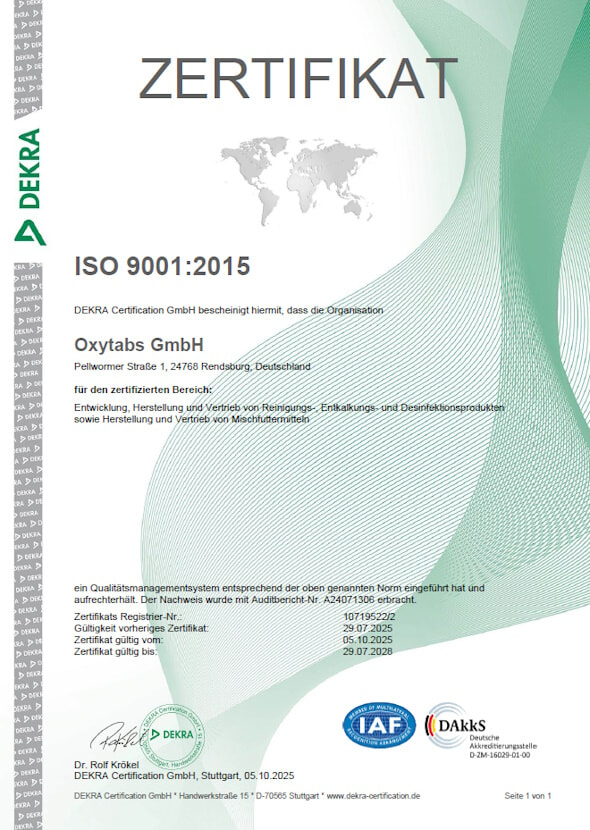ISO 9001 Zertifikat Oxytabs 2025