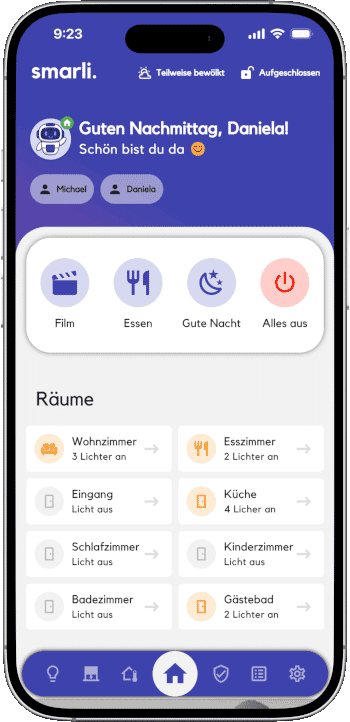 smarli. Smart Home App Startseite und Begrüssung